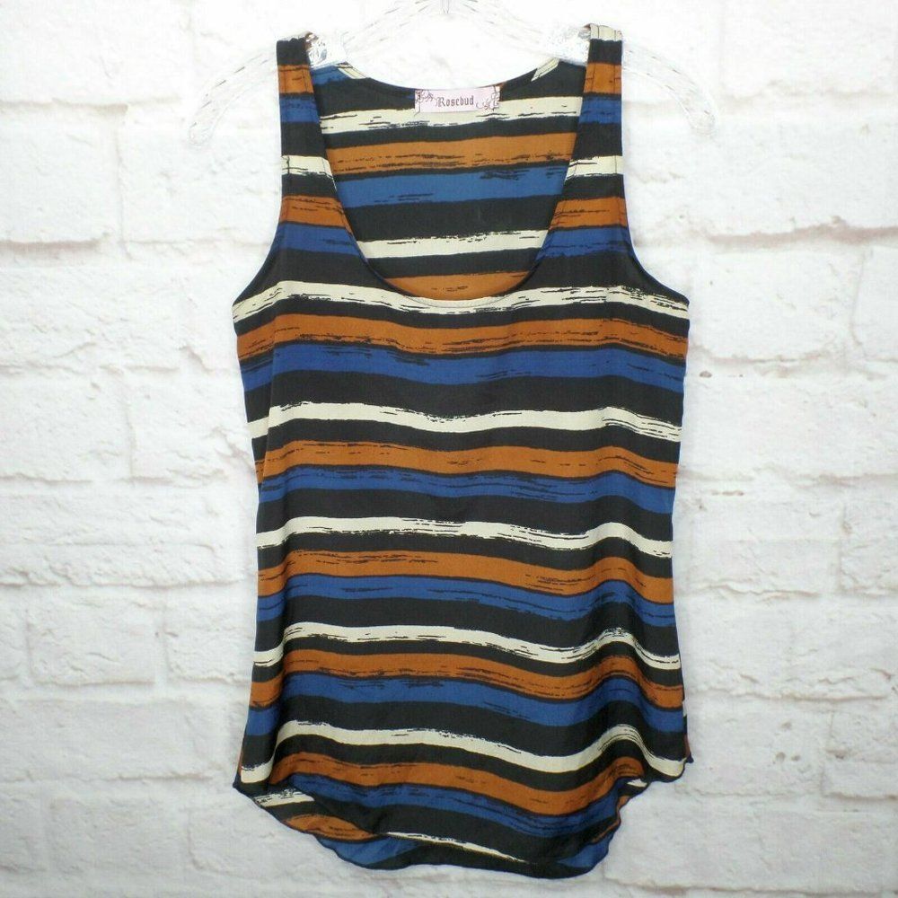 Rosebud sz S striped pattern sleeveless black/brown/blue tank top blouse